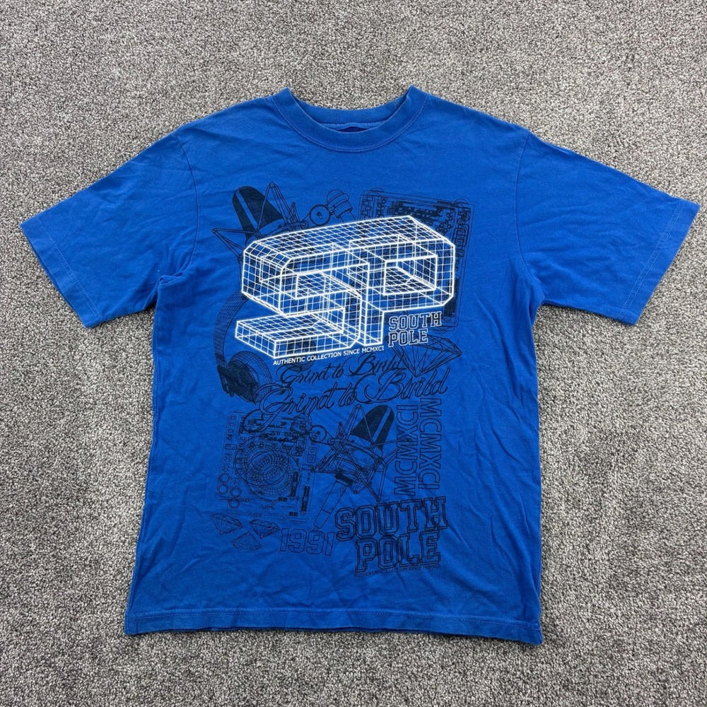 Vintage Y2K South Pole Shirt‎ Mens Medium Blue Tech Grind to Build Cyber Grunge